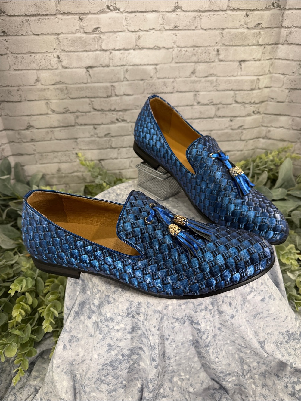 JITAI - Metallic Blue Faux Leather Basket Weave Tassel Fashion Loafers Mens 11.5